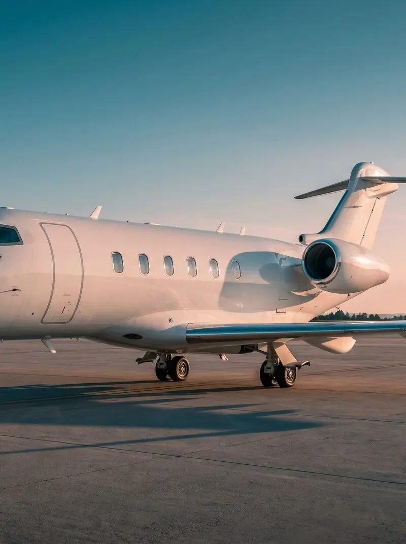 A white Bombardier Challenger 350 private jet is parked on the tarmac at sunset, showcasing its sleek design in Madrid.