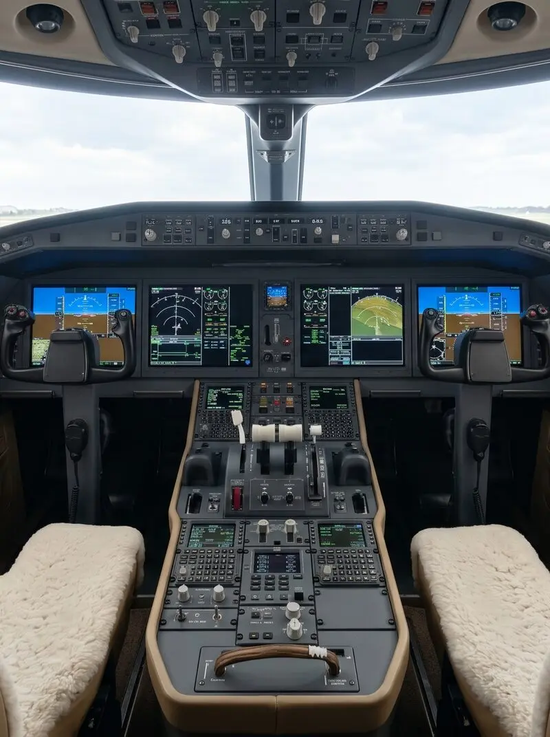 The modern cockpit of the Bombardier Global 5500 private jet, featuring advanced digital displays and flight controls, seen from Marbella.