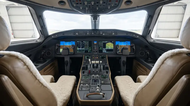 Bombardier Global 5500 — Advanced Cockpit View The modern cockpit of the Bombardier Global 5500 private jet, featuring advanced digital displays and flight controls, seen from Marbella.
