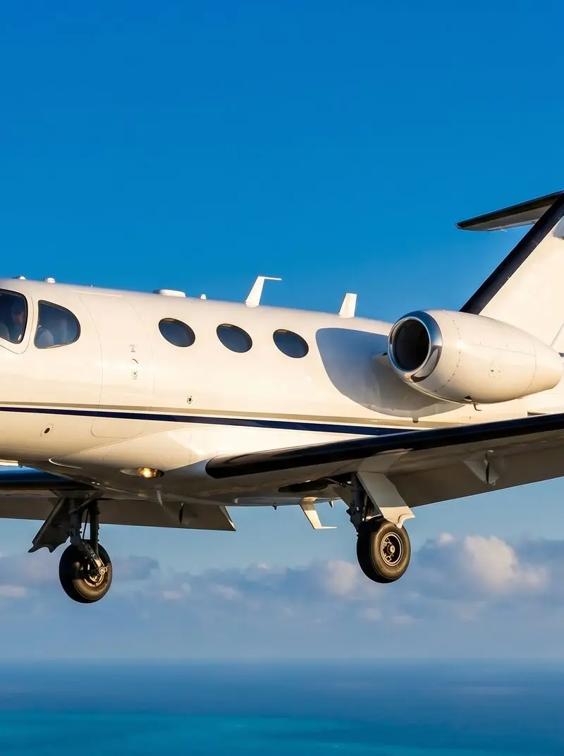 Cessna Citation Mustang — In-flight over Ibiza The white Cessna Citation Mustang light jet is captured in flight with its landing gear extended against a clear blue sky over Ibiza.