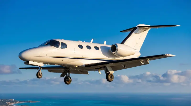 Cessna Citation Mustang — In-flight over Ibiza The white Cessna Citation Mustang light jet is captured in flight with its landing gear extended against a clear blue sky over Ibiza.