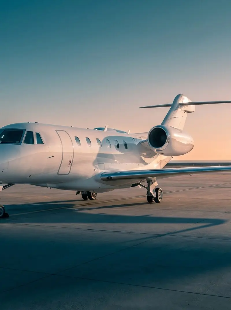 Cessna Citation X — Sunset on tarmac Cessna Citation X private jet parked on the tarmac at sunset in Barcelona, showcasing its sleek design.