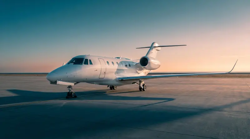 Cessna Citation X — Sunset on tarmac Cessna Citation X private jet parked on the tarmac at sunset in Barcelona, showcasing its sleek design.