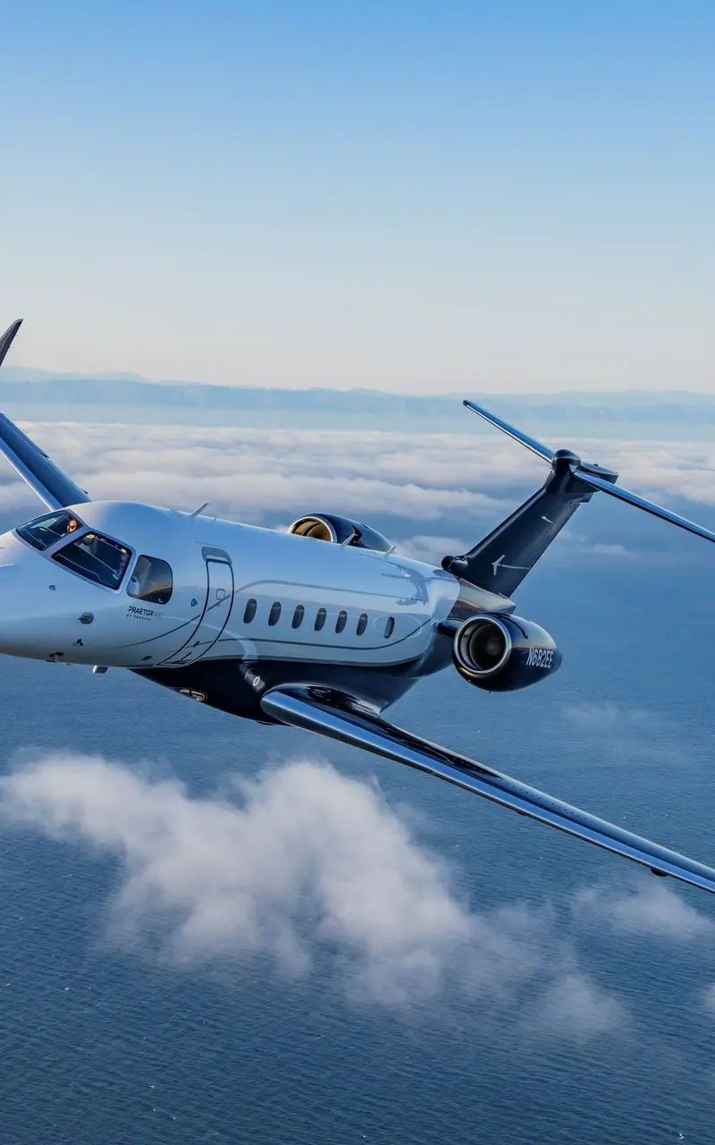 Embraer Legacy 500 — Flying above the ocean The Embraer Legacy 500 private jet flies gracefully above the clouds and ocean, showcasing its sleek design.