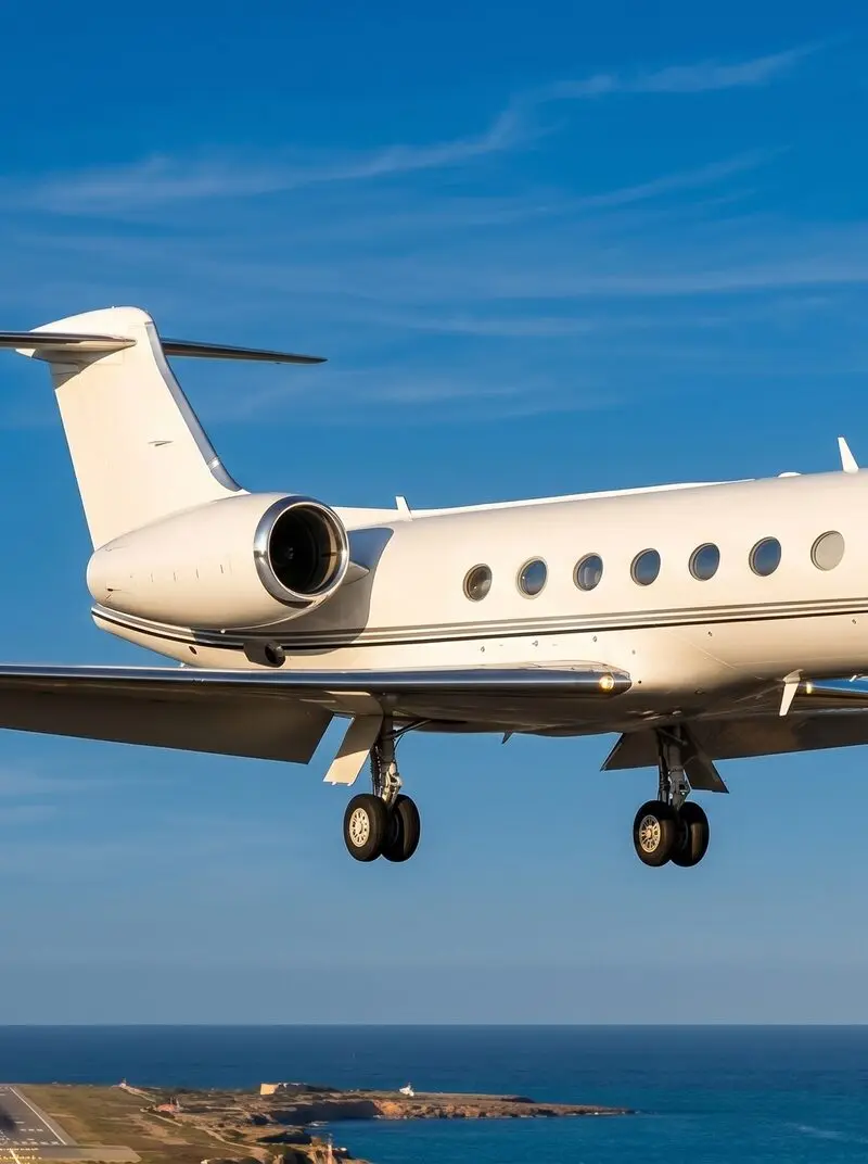Gulfstream GIV-SP — Private jet in flight A white Gulfstream GIV-SP private jet with its landing gear extended, captured in flight against a clear blue sky.