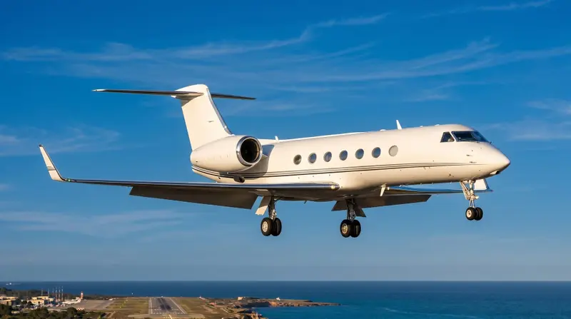 Gulfstream GIV-SP — Private jet in flight A white Gulfstream GIV-SP private jet with its landing gear extended, captured in flight against a clear blue sky.
