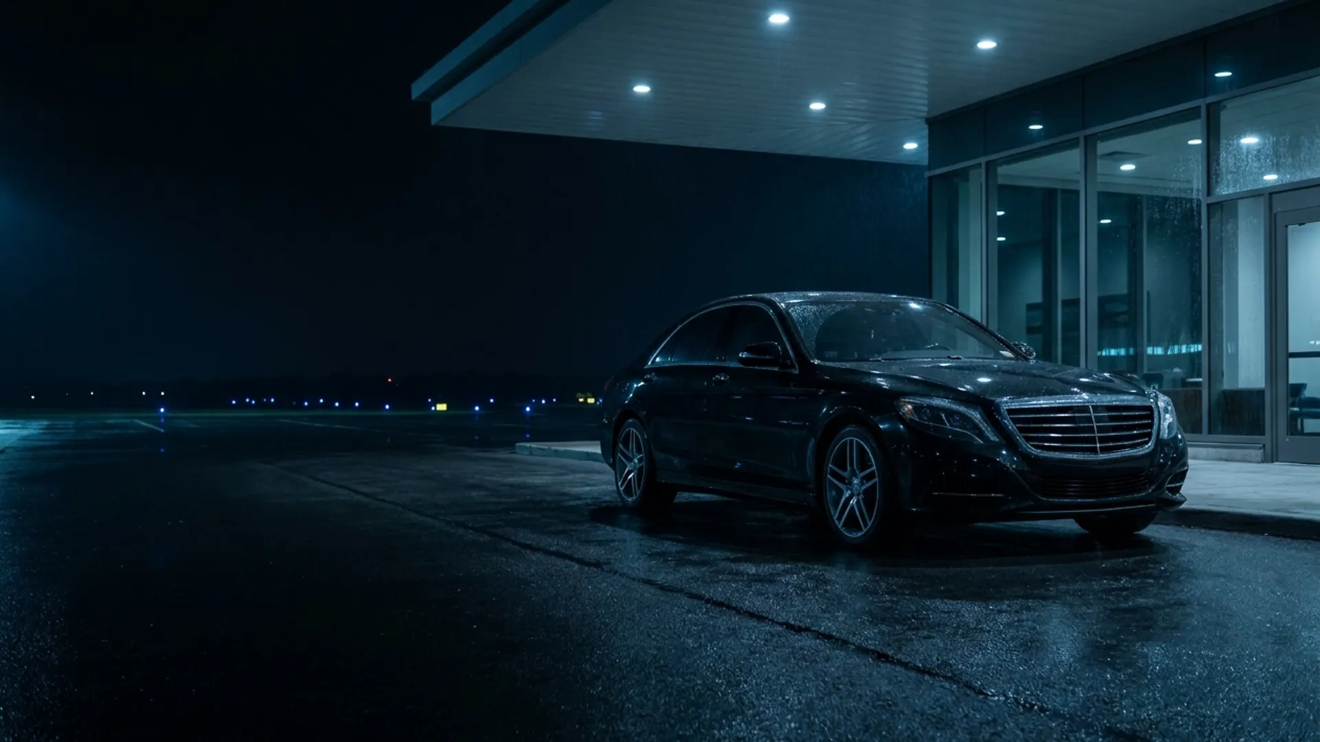 Black long-wheelbase saloon waiting at a private aviation terminal at night