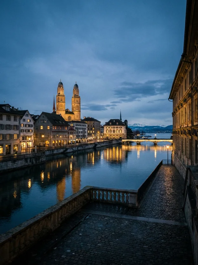 The Limmat and the towers of the Grossmünster in Zurich at blue hour — Nero Line luxury car rental Switzerland