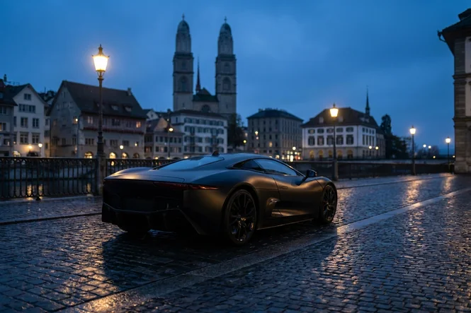 A supercar on wet cobbles below the Grossmünster in Zurich at dusk