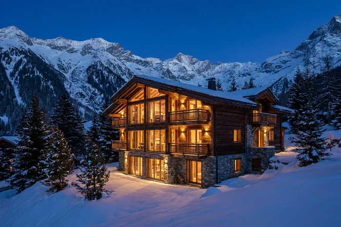 A lit alpine chalet in the Swiss Alps at dusk in winter