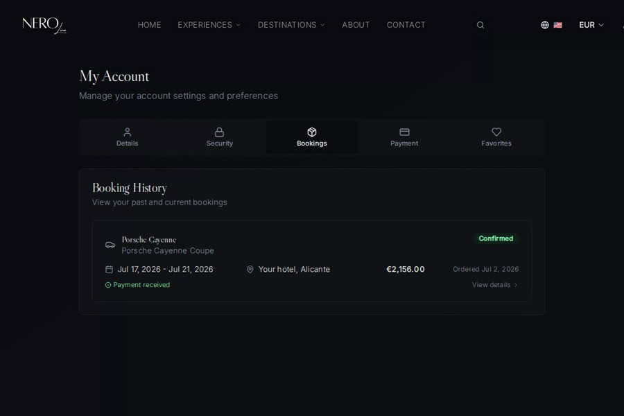 A sample booking in the account: contract, invoice, payments, the deposit release and the handover walkaround video.